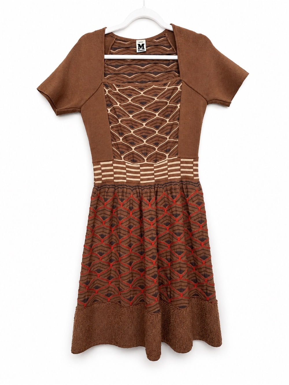 M Brown Patterned Knit Fit-and-Flare Dress